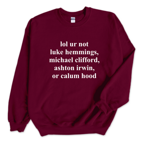 lol ur not luke hemmings, michael clifford, ashton irwin, or calum hood Crewneck Sweatshirt