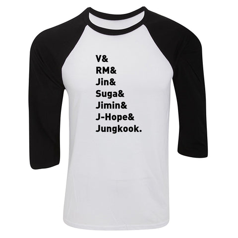 BTS Members Names "V, RM, Jin, Suga, Jimin, J-Hope, & Jungkook." Baseball Tee