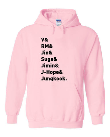 BTS Members Names "V, RM, Jin, Suga, Jimin, J-Hope, & Jungkook." Hoodie Sweatshirt