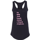 BTS Members Names "V, RM, Jin, Suga, Jimin, J-Hope, & Jungkook." Racerback Tank Top