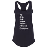 BTS Members Names "V, RM, Jin, Suga, Jimin, J-Hope, & Jungkook." Racerback Tank Top