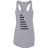 BTS Members Names "V, RM, Jin, Suga, Jimin, J-Hope, & Jungkook." Racerback Tank Top