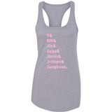 BTS Members Names "V, RM, Jin, Suga, Jimin, J-Hope, & Jungkook." Racerback Tank Top