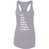 BTS Members Names "V, RM, Jin, Suga, Jimin, J-Hope, & Jungkook." Racerback Tank Top
