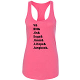 BTS Members Names "V, RM, Jin, Suga, Jimin, J-Hope, & Jungkook." Racerback Tank Top
