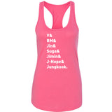 BTS Members Names "V, RM, Jin, Suga, Jimin, J-Hope, & Jungkook." Racerback Tank Top