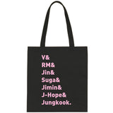 BTS Members Names "V, RM, Jin, Suga, Jimin, J-Hope, & Jungkook." Tote Bag