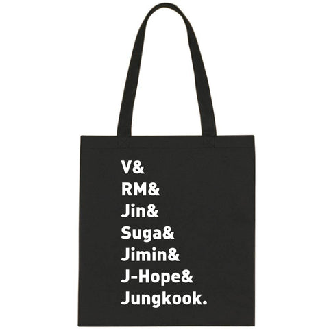 BTS Members Names "V, RM, Jin, Suga, Jimin, J-Hope, & Jungkook." Tote Bag