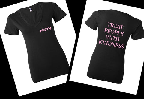 Harry Styles - Harry Logo in Corner / Treat People With Kindness Back Women's V-Neck T-Shirt