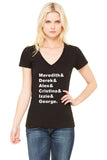 Grey's Anatomy First Names "Meredith & Derek & Alex & Cristina & Izzie & George." Women's V-Neck T-Shirt