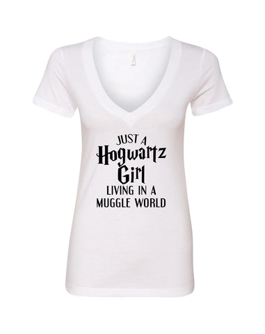 Harry Potter "Just a Hogwartz Girl Living in a Muggle World" V-Neck T-Shirt