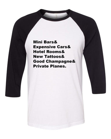 One Direction "History - Mini Bars & Expensive Cars & Hotel Rooms & New Tattoos & Good Champagne & Private Planes." Baseball Tee