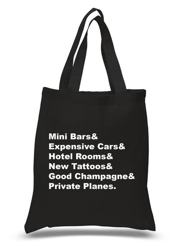 One Direction "History - Mini Bars & Expensive Cars & Hotel Rooms & New Tattoos & Good Champagne & Private Planes." Tote Bag