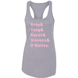Grey's Anatomy TV Intern Names "Grey, Yang, Karev, Stevens, & O'Malley." Racerback Tank Top