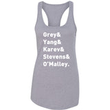 Grey's Anatomy TV Intern Names "Grey, Yang, Karev, Stevens, & O'Malley." Racerback Tank Top