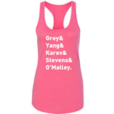 Grey's Anatomy TV Intern Names "Grey, Yang, Karev, Stevens, & O'Malley." Racerback Tank Top