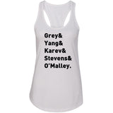 Grey's Anatomy TV Intern Names "Grey, Yang, Karev, Stevens, & O'Malley." Racerback Tank Top