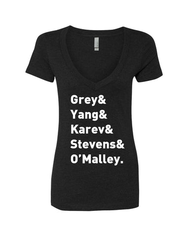 Grey's Anatomy TV Intern Names "Grey, Yang, Karev, Stevens, & O'Malley." V-Neck T-Shirt