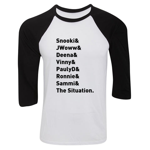 Jersey Shore Cast Names "Snooki & JWoww & Deena & Vinny & Pauly D & Ronnie & Sammi & The Situation." Baseball Tee