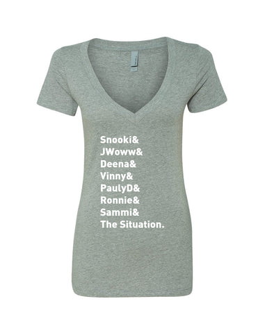 Jersey Shore Cast Names "Snooki & JWoww & Deena & Vinny & Pauly D & Ronnie & Sammi & The Situation." V-Neck T-Shirt