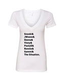 Jersey Shore Cast Names "Snooki & JWoww & Deena & Vinny & Pauly D & Ronnie & Sammi & The Situation." V-Neck T-Shirt