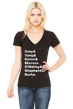 Grey's Anatomy Last Names "Grey & Yang & Karev & Stevens & O'Malley & Shepherd & Burke." Women's V-Neck T-Shirt