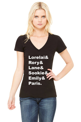 Gilmore Girls Names "Lorelai & Rory & Lane & Sookie & Emily & Paris."  Women's V-Neck T-Shirt