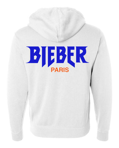 Justin Bieber "Staff / Purpose World Tour / Bieber / Paris" Unisex Adult White Hoodie Sweatshirt