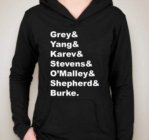 Grey’s Anatomy “Grey & Yang & Karev & Stevens & O’Malley & Shepherd & Burke.” Unisex Adult Hoodie Sweatshirt