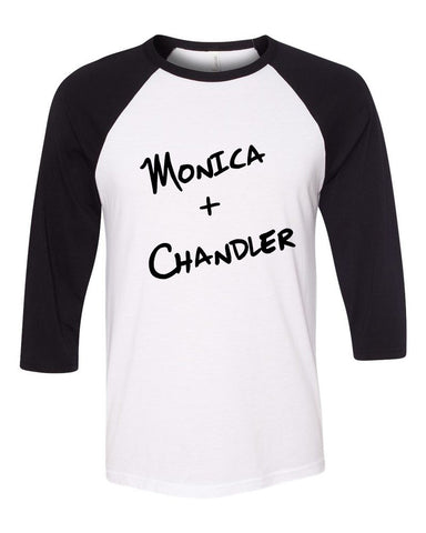 Friends TV Show F.R.I.E.N.D.S "Monica + Chandler" Baseball Tee